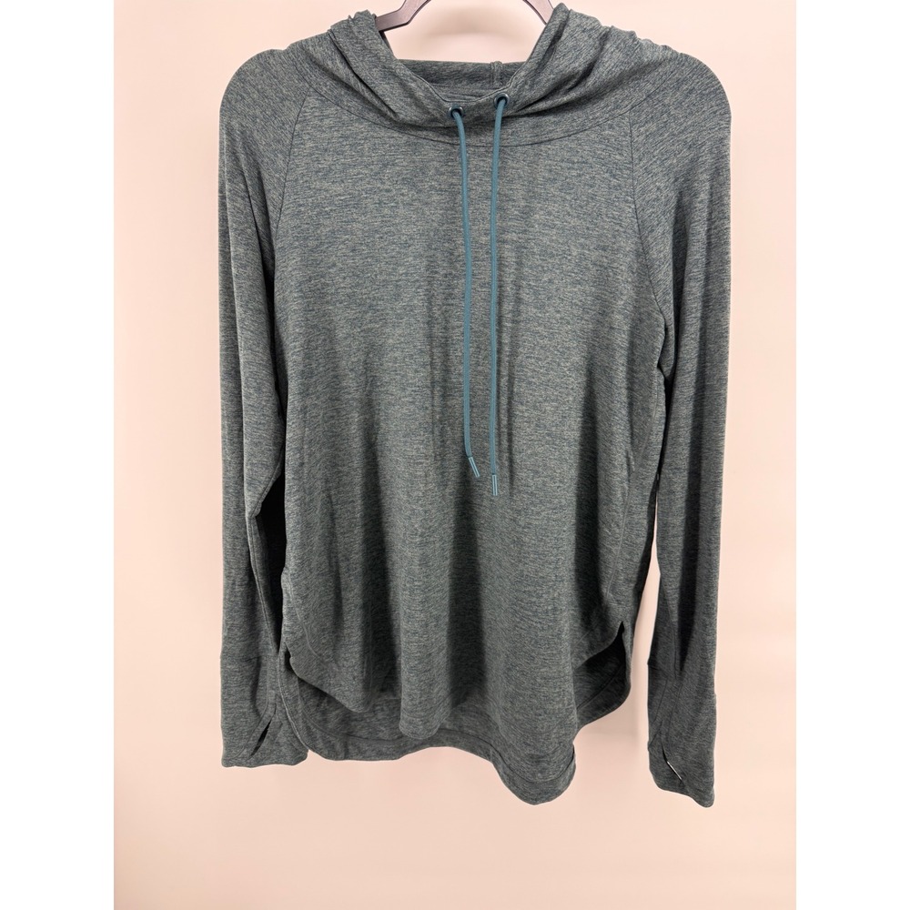 Athleta Womens Heathered Teal Blue Hooded Long Sleeve Top Thumbholes Size M FA20